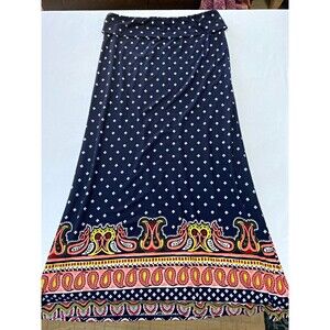 Olsenboye XL Boho Navy Paisley Border Print Foldover Jersey Maxi Skirt